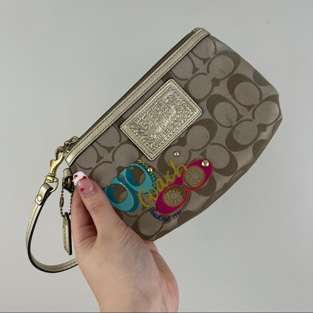 COACH Brown Logo Vibrant Graphic Studded Mini Wristlet Wallet Purse